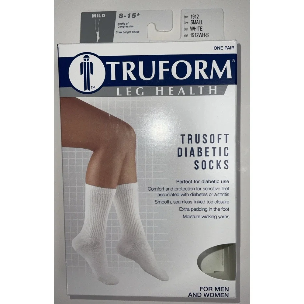 NIB TruForm Leg Health Unisex TruSoft Diabetic Crew Socks 8-15 mmHG White‎ Small